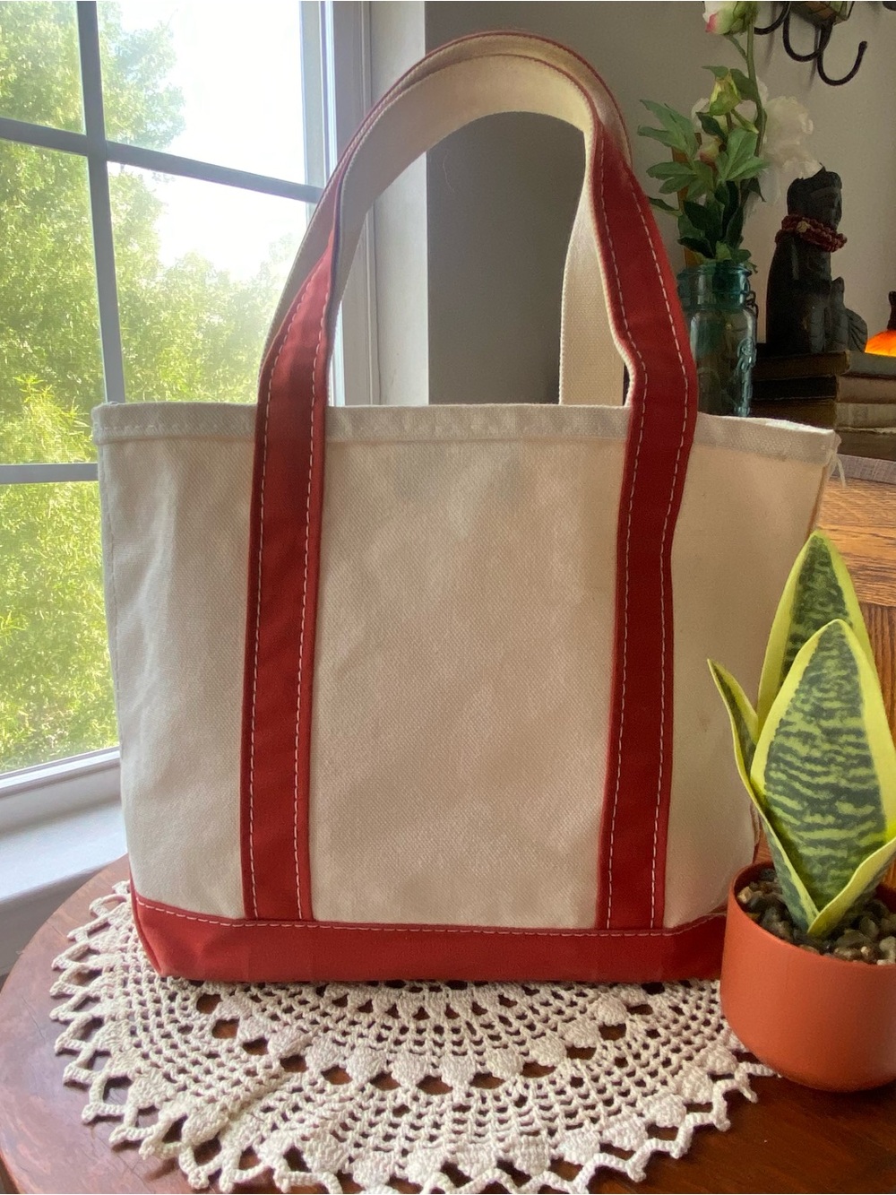 L.L. Bean Vintage Boat Tote Cream Canvas Tote with Red Trim - EUC